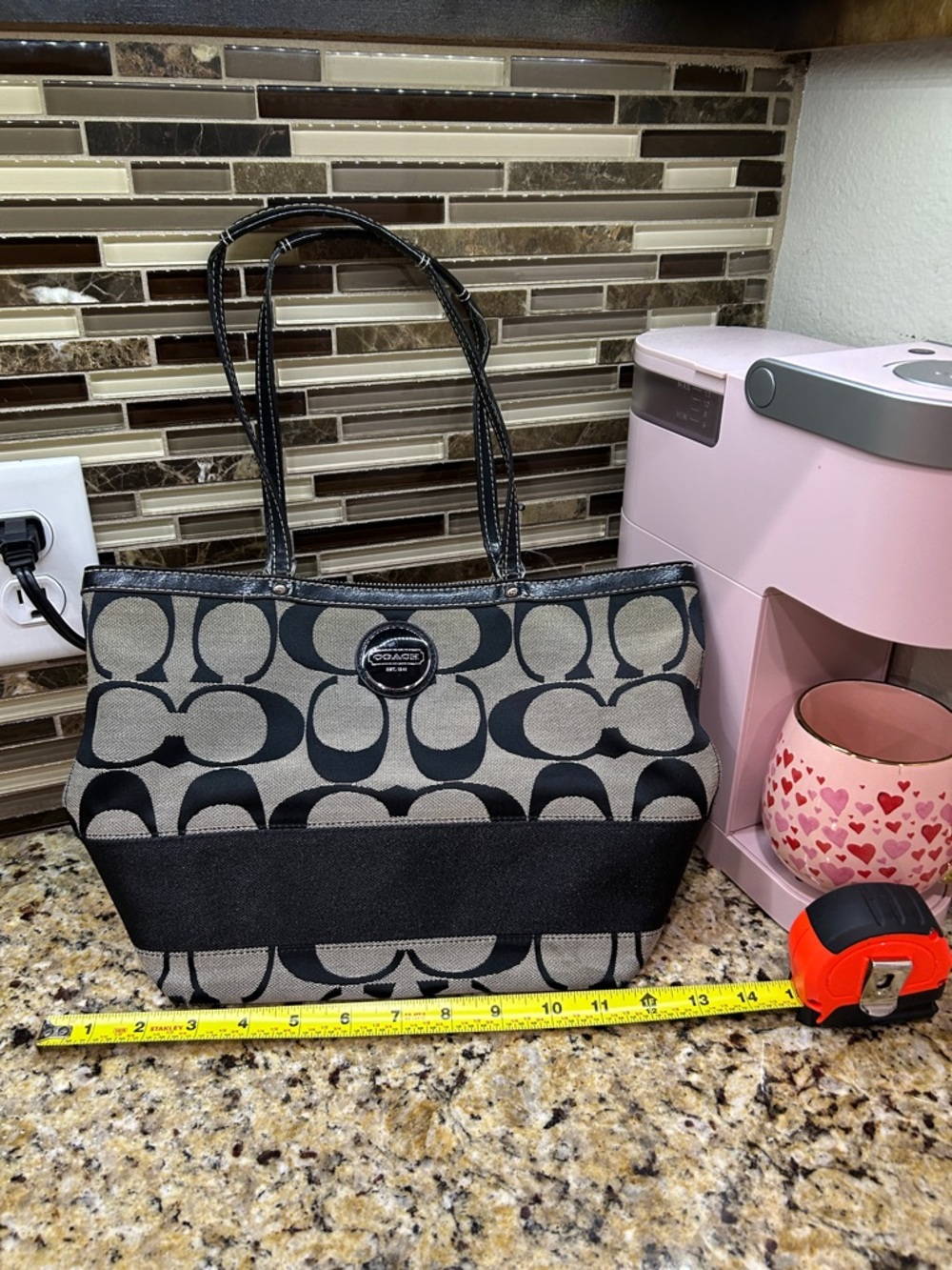 Coach Signature Tote in Black and Gray Canvas